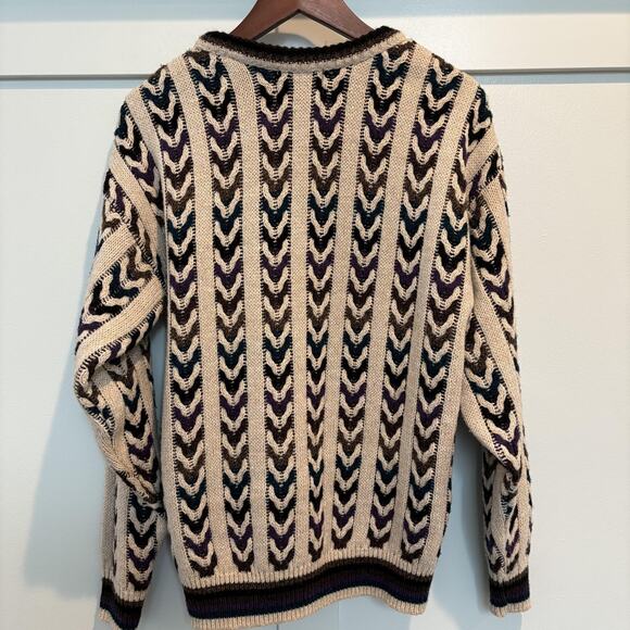 Vintage Jantzen Sweater Mens Medium Cream Purple Blue Brown Chevron Knit USA 90s - Picture 6 of 10